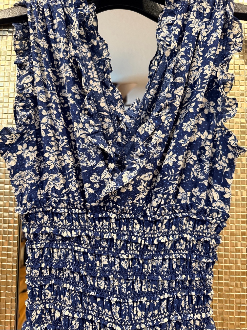 Max Studio Navy and White Floral Smocked-Waist Jumpsuit - Picture 3 of 7